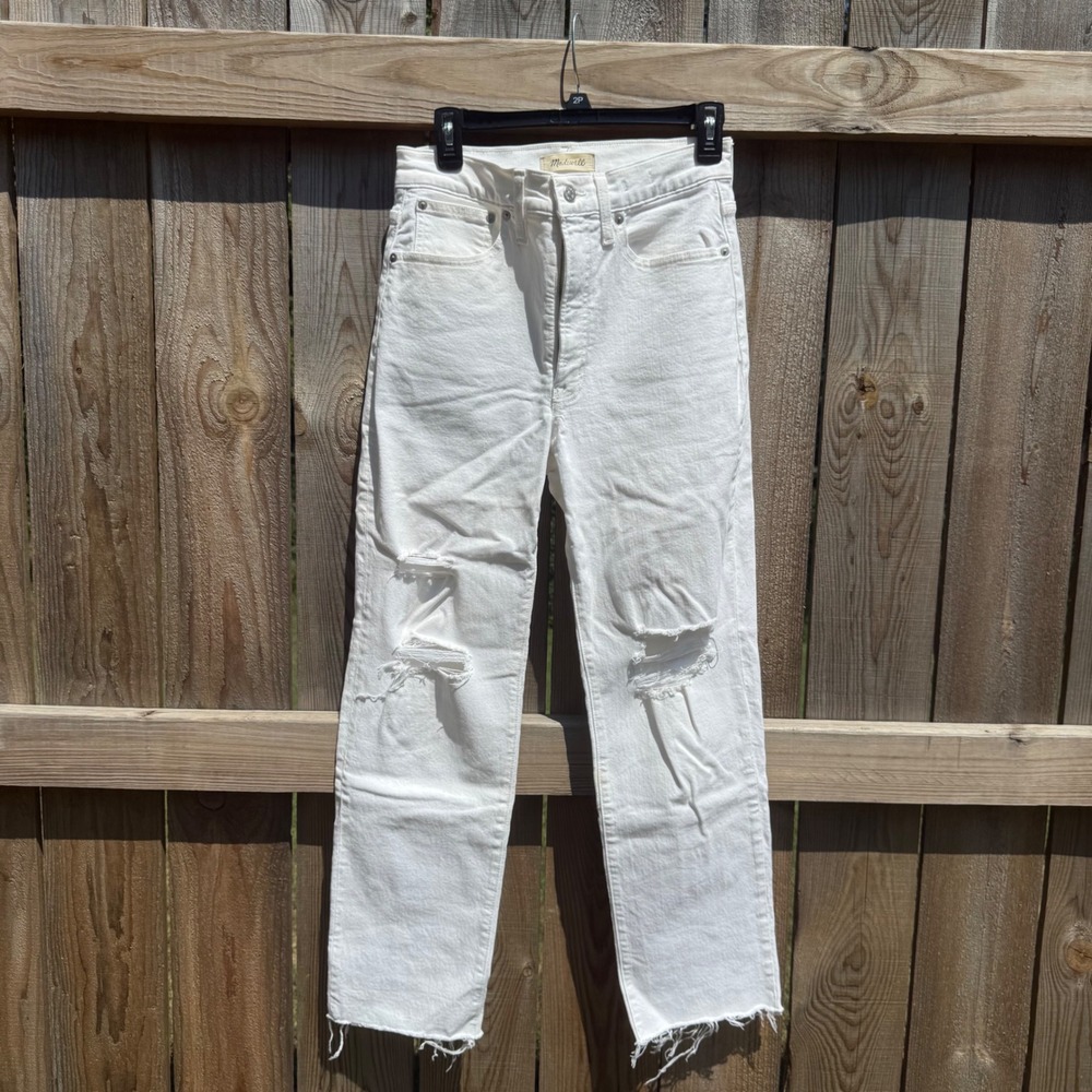 Madewell The Perfect Vintage Straight Jeans White Distressed Raw Hem 27
